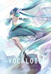  2014 aqua_eyes aqua_hair artist_name bad_id bad_pixiv_id copyright_name dated detached_sleeves dress floating_hair hatsune_miku highres long_hair looking_back outstretched_arm solo tattoo twintails very_long_hair vilor vocaloid 