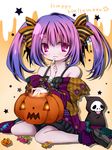  detached_sleeves hair_ribbon halloween happy_halloween koyoi_(ruka) looking_at_viewer original purple_eyes purple_hair ribbon sitting solo twintails 