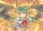  ahoge bangle bow bracelet demon_girl demon_wings dunceneygak fire forest fur_trim gloves green_hair hair_bow horns jewelry long_hair looking_at_viewer nature orange_eyes original pointy_ears sidelocks solo wildfire wings 