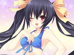  1girl bare_shoulders bikini black_hair blush choujigen_game_neptune female game_cg girl hair_ornament hair_ribbon light_erotic long_hair neptune_(series) noire open_mouth red_eyes ribbon single solo swimsuit tsunako twintails waki wink 