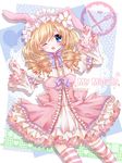  ;d animal_ears blonde_hair blue_eyes bunny_ears character_name drill_hair fake_animal_ears frills hairband koyoi_(ruka) lolita_fashion lolita_hairband looking_at_viewer my_melody one_eye_closed onegai_my_melody open_mouth personification smile solo striped striped_legwear thighhighs 