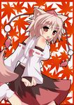 absurdres animal_ears autumn_leaves bare_shoulders blush breasts covered_nipples detached_sleeves fingerless_gloves gloves hat highres inubashiri_momiji leaf leaf_background looking_at_viewer looking_back masiromu medium_breasts midriff open_mouth pom_pom_(clothes) red_eyes short_hair silver_hair solo tail tokin_hat touhou wolf_ears wolf_tail 