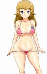  bikini bikini_bottom_lift blonde_hair blue_eyes breasts covered_nipples gundam gundam_build_fighters gundam_build_fighters_try hair_down highres hoshino_fumina large_breasts long_hair navel pink_bikini smile solo swimsuit tof 