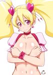  blonde_hair blush breasts choker cure_peach earrings eyelashes fresh_precure! hair_ornament happy heart heart_hair_ornament jabara_tornado jewelry large_breasts long_hair looking_at_viewer magical_girl momozono_love navel pink_choker pink_eyes precure simple_background smile solo twintails white_background wrist_cuffs 