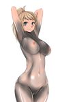 armpits arms_behind_head arms_up blonde_hair blue_eyes bodypaint breasts gundam gundam_build_fighters gundam_build_fighters_try highres hips hoshino_fumina large_breasts long_hair looking_at_viewer navel nipples nude ponytail pussy simple_background smile solo tuna21 white_background 