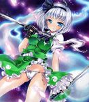  artist_name at_classics black_hairband blue_eyes blush cherry_blossoms dual_wielding fingerless_gloves frilled_skirt frills gloves hair_ribbon hairband hitodama holding katana konpaku_youmu konpaku_youmu_(ghost) marker_(medium) panties petals ribbon sample short_hair side-tie_panties silver_hair skirt skirt_lift skirt_set solo sword touhou traditional_media underwear watermark weapon white_panties 