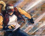  baseball_cap blonde_hair brick_wall denim doraeshi fatal_fury fingerless_gloves gloves hat hat_over_eyes jeans long_hair male_focus muscle pants ponytail solo tank_top terry_bogard the_king_of_fighters vest 