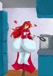  aeon708 ahoge apron breasts cooking egg female gigantic_breasts kitchen long_hair long_skirt maid maid_apron maid_headdress original red_eyes red_hair skirt solo standing 