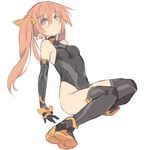  arm_support armpits bare_shoulders blade_(galaxist) blush boots character_request covered_navel earrings elbow_gloves gloves grey_eyes hair_ornament halterneck highleg highleg_leotard jewelry leotard long_hair orange_hair original pointy_ears simple_background sitting solo thigh_boots thighhighs twintails white_background 