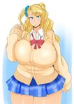  absurdres blonde_hair blue_eyes breasts galko highres huge_breasts long_hair looking_at_viewer morisoba_(silent_hill) oshiete!_galko-chan plaid plaid_skirt school_uniform skirt solo sweater thighs 