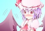  ascot bat_wings blush brooch dress embarrassed fang_out hat jewelry lavender_hair looking_away mob_cap pink_dress puffy_short_sleeves puffy_sleeves red_eyes remilia_scarlet short_hair short_sleeves solo_focus tad_s tears touhou wings 
