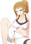  bakutendou bandaid bandaid_on_pussy bike_shorts blue_eyes blush breasts brown_hair covered_nipples gundam gundam_build_fighters gundam_build_fighters_try hoshino_fumina large_breasts looking_at_viewer midriff navel ponytail seductive_smile short_hair sitting smile solo sports_bra torn_clothes 