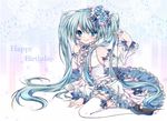  aqua_hair blue_eyes detached_sleeves frills hair_ornament happy_birthday hatsune_miku koyoi_(ruka) long_hair looking_at_viewer sitting smile solo twintails very_long_hair vocaloid 