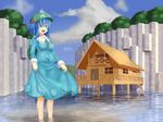  backpack bag between_breasts blue_dress blue_eyes blue_hair blue_sky breasts cloud cloudy_sky day dress forest frilled_shirt_collar frills hair_bobbles hair_ornament hat house kawashiro_nitori key large_breasts long_sleeves looking_at_viewer nature open_mouth river shirt skirt skirt_hold skirt_set sky solo standing stilt_house touhou tree two_side_up wading water 