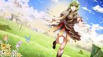  bell boots bracelet cloak cloud cloudy_sky cross_akiha day dragon fairy flower green_eyes green_hair gumi jewelry long_hair mountain multiple_girls nature open_mouth sky smile sun tiara twintails vocaloid wyvern 