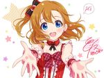  bare_shoulders blue_eyes blush bow bowtie breasts character_name cleavage collarbone detached_collar dress earrings hair_bow head_tilt heart heart_earrings jewelry kousaka_honoka love_live! love_live!_school_idol_project one_side_up orange_hair outstretched_arms palms plaid plaid_bow red_bow red_dress red_neckwear sleeveless sleeveless_dress small_breasts solo speech_bubble upper_body wrist_cuffs yuuki_(yukinko-02727) 