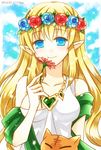  bad_id bad_pixiv_id blonde_hair blue_eyes breasts cat chisa dated flower freyja_(p&amp;d) head_wreath long_hair medium_breasts pointy_ears puzzle_&amp;_dragons smile solo 