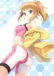  ass bike_shorts blue_eyes breasts brown_hair covered_nipples gundam gundam_build_fighters gundam_build_fighters_try hoshino_fumina hyuuga_azuri jacket large_breasts looking_at_viewer midriff ponytail scrunchie short_hair simple_background smile solo sports_bra 