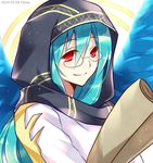  archangel_gabriel_(p&amp;d) artist_name bad_id bad_pixiv_id blue_hair chisa dated glasses halo hood long_hair long_sleeves male_focus puzzle_&amp;_dragons red_eyes scroll simple_background smile solo white_background 