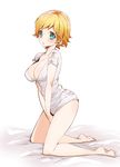  barefoot bed_sheet blonde_hair blue_eyes blush breasts cleavage hospital_gown kneeling large_breasts looking_at_viewer osuro_namishi resident_evil resident_evil_6 sherry_birkin short_hair solo strap_gap tareme v_arms 