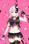  add_(elsword) bad_id bad_pixiv_id black_legwear black_skirt choker elsword expressionless fingerless_gloves genderswap genderswap_(mtf) gloves huyou_(awegk) miniskirt neckerchief pink_background purple_eyes school_uniform scissors serafuku short_hair skirt solo thigh_gap thighhighs white_hair 