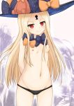  1girl abigail_williams_(fate/grand_order) arms_behind_back ass_visible_through_thighs bangs black_bow black_hat black_panties blonde_hair blush bow breasts closed_mouth cowboy_shot eyebrows_visible_through_hair fate/grand_order fate_(series) groin hat hat_bow highres keyhole kinnikku long_hair navel nipples orange_bow panties parted_bangs polka_dot polka_dot_bow red_eyes small_breasts smile solo stuffed_animal stuffed_toy teddy_bear topless underwear very_long_hair witch_hat 