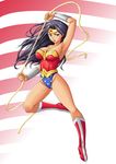  1girl akutanoe black_hair blue_eyes boots dc_comics female lasso leotard long_hair princess red_shoes shoes sleeveless solo star star_print strapless tiara vambraces wonder_woman wonder_woman_(series) 