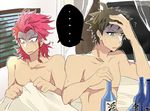  ... 2boys ? bed blanket bottle danganronpa hand_on_head hinata_hajime multiple_boys souda_kazuichi super_danganronpa_2 topless 