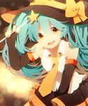  alternate_color aqua_hair elbow_gloves fingerless_gloves gloves halloween hat hatsune_miku komadori_ui long_hair necktie open_mouth orange_eyes skirt solo star twintails vocaloid wand witch_hat 