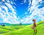  blue_sky brown_hair cloud day from_behind grass hair_ribbon hat horizon lucena_winter meadow one_side_up original outdoors pleated_skirt ribbon scenery skirt sky solo tree wind yuuhagi_(amaretto-no-natsu) 
