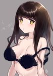  bare_shoulders black_bra bra breasts brown_hair copyright_request grey_background long_hair looking_at_viewer medium_breasts mirakururu sidelocks simple_background sketch solo strap_slip unclasped underwear upper_body yellow_eyes 