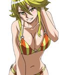  1girl akame_ga_kill! bikini blonde_hair blush breasts cleavage highres large_breasts leone long_hair photoshop simple_background smile standing stitched swimsuit vector_trace white_background yellow_eyes 