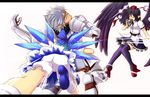  2girls armor black_hair bloomers blue_hair bow buront cirno crossover dress final_fantasy final_fantasy_xi hair_bow hair_ribbon happy headbutt ice ice_wings multiple_girls pointy_ears puffy_short_sleeves puffy_sleeves ribbon shameimaru_aya short_hair short_sleeves silver_hair the_iron_of_yin_and_yang touhou underwear white_bloomers wings 