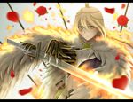  blonde_hair claws crown fire kagari_ayaka siraha solo sword weapon witch_craft_works 