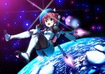 animal_ears blue_eyes bodysuit boots brown_hair cat_ears earth fake_animal_ears floating gloves hair_bobbles hair_ornament helmet highres open_mouth original ponytail science_fiction setsuo_(chohonsoku) short_hair skin_tight solo space spacesuit star 