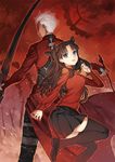  1girl archer black_legwear brown_hair dark_skin dual_wielding fate/stay_night fate_(series) gem haijin hair_ribbon holding long_hair long_legs open_mouth ribbon shoes skirt sword thighhighs toosaka_rin weapon white_hair zettai_ryouiki 