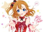  bare_shoulders blue_eyes blush bow breasts character_name cleavage detached_collar dress earrings hair_bow heart heart_earrings jewelry kousaka_honoka love_live! love_live!_school_idol_project one_side_up orange_hair outstretched_arms palms plaid plaid_bow red_dress sleeveless sleeveless_dress small_breasts solo speech_bubble upper_body wrist_cuffs yuuki_(yukinko-02727) 