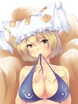  bikini_top blonde_hair bra_in_mouth breasts cleavage fox_tail hat head_tilt highres large_breasts looking_at_viewer multiple_tails nksk pillow_hat solo tail touhou upper_body yakumo_ran yellow_eyes 