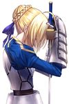  ahoge armor armored_dress artoria_pendragon_(all) blonde_hair closed_eyes excalibur famepeera fate/stay_night fate_(series) gauntlets hair_ribbon hands_on_hilt juliet_sleeves long_sleeves puffy_sleeves ribbon saber shiny shiny_hair short_hair solo sword weapon 