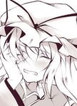  bad_id bad_pixiv_id clenched_teeth commentary_request crying face faech hand_on_own_face hat hat_ribbon mob_cap monochrome ribbon sad sketch solo teardrop tears teeth touhou yakumo_yukari 