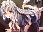  1girl all_fours blush breasts censored cum cum_in_mouth cum_on_ass cum_on_hair daten_no_kioku_~gou~ doggystyle facial game_cg garter_straps highres huge_breasts long_hair looking_back maid maid_headdress open_clothes open_mouth penis pink_eyes sex silver_hair tears vaginal yuuki_homura 