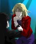  black_hair blonde_hair drooling finger_licking jacket kara_no_kyoukai kneeling kokutou_mikiya kuroi licking male_focus multiple_boys open_mouth otoko_no_ko red_eyes red_jacket shirazumi_lio short_hair smile tongue tongue_out turtleneck yaoi 