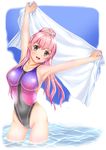  arms_up brown_eyes competition_swimsuit long_hair mashinatsu one-piece_swimsuit original pink_hair ponytail solo standing swimsuit towel wading water 