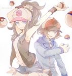  1girl 2014 arms_up baseball_cap blue_eyes brown_eyes brown_hair dated denim denim_shorts hat high_ponytail holding holding_poke_ball jacket kuru long_hair poke_ball pokemon pokemon_(game) pokemon_bw shirt shorts sleeveless sleeveless_shirt smile touko_(pokemon) touya_(pokemon) vest white_shirt wristband 