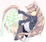  animal_ears blush brown_hair cat_ears cat_tail green_eyes long_hair looking_at_viewer open_mouth original simple_background skirt solo striped striped_legwear tail thighhighs very_long_hair white_background zizi_(zz22) 
