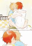  ahoge bed blonde_hair blush full_body haru_(tsuritama) hjmaup hug male_focus multiple_boys on_bed pajamas red_hair sanada_yuki straddling tears tsuritama wavy_mouth yaoi 