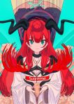  1girl animal_skull aqua_eyes bangs black_horns breasts character_request cleavage collarbone copyright_request earrings flower hair_between_eyes highres holding holding_skull horns jewelry kogecha_(coge_ch) long_hair long_sleeves looking_at_viewer pink_flower red_hair smile solo supreme upper_body wide_sleeves 