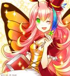  antennae artist_name bad_id bad_pixiv_id butterfly_wings chisa dated green_eyes hat long_hair mini_hat mini_top_hat one_eye_closed open_mouth parrot_(p&amp;d) pink_hair puzzle_&amp;_dragons smile solo top_hat wings 