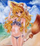 beach blonde_hair broom brown_eyes day izumo_neko kirisame_marisa long_hair shikishi standing touhou traditional_media 
