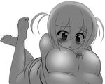  1boy 1girl :o barefoot between_breasts blush breast_rest breasts crossed_arms feet giantess highres huge_breasts lying monochrome moralgear shiny shiny_skin short_hair toes 